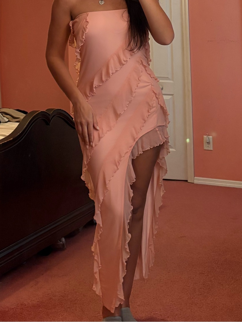 Strapless Pink Ruffle Asymmetrical Dress
